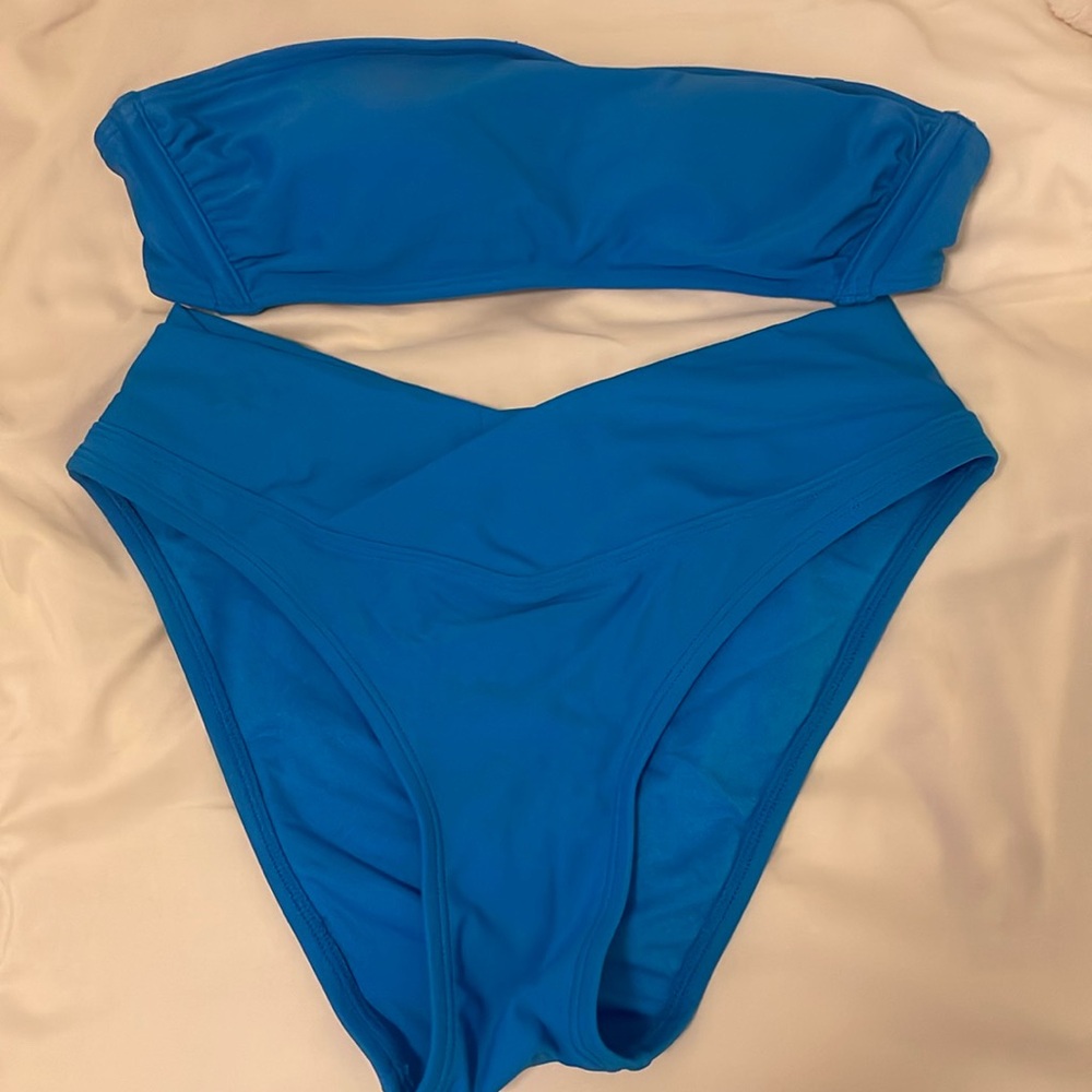 Bright Blue Strapless High Waisted Bottom Bikini